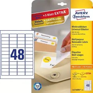 Pašlīmējošas etiķetes Avery L4736REV-25 — noapaļots taisnstūris, noņemams līme, baltas, 45,7×21,2 mm, 1440 gab.