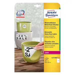 Самоклеящаяся прямоугольная этикетка Avery Zweckform L4775REV-20 — белая, постоянный клей, 210×297 мм, 20 листов