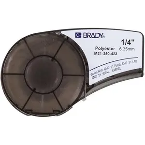 Etiķešu lente Brady M21-250-423, termotransfera poliesters, melns uz baltā, 6,35 mm x 6,4 m