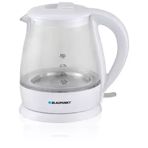 Elektriskais tējkanna BLAUPUNKT 1 L 1630 W balta — stikla korpuss, 360° pamatne, pogas vāks